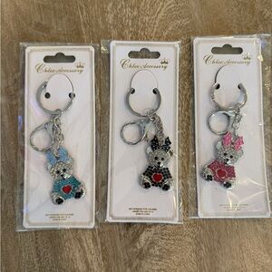 Party Pack- Crystal Teddy Keychain - Blue, Black, Pink (silver) pack of 3